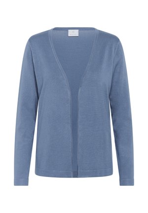 Cardigan bleu clair avec un décolleté en V, des manches longues et un design ouvert à l'avant. Texture douce avec des détails de couture subtils.