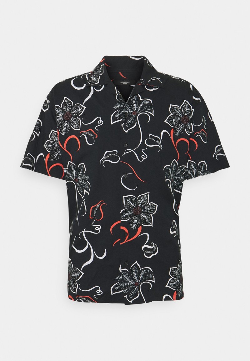 Short-sleeved black shirt featuring a floral pattern in white and red, characterized by a collar and button-down front.