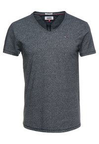 Gray short-sleeve V-neck T-shirt made from a soft, textured fabric. Features a small logo on the left chest and a contrast inner collar.