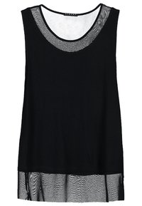 Top negro sin mangas con escote redondeado y dobladillo inferior transparente, fabricado en un tejido suave con una textura lisa.