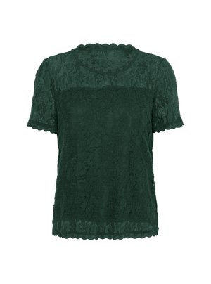 Tumši zaļš mežģīņu T-krekls ar īsām piedurknēm, viļņotu apkakli un teksturētu ziedu rakstu. Viegls, puscaurredzams audums.