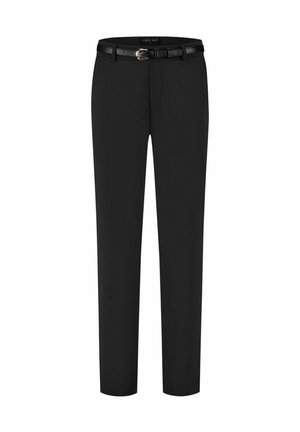 Zwarte, op maat gemaakte rechte broek met een smalle zwarte riem met een gouden gesp, ontworpen voor dames.