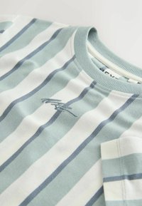 T-shirt en coton rayé avec des lignes horizontales vert menthe clair et blanches, col rond, et un détail de broderie subtile en bleu.