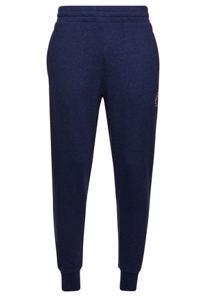 Marineblå sweatpants med smal pasform, elastisk linning og manchetter, med en lille logo på den øvre lår.