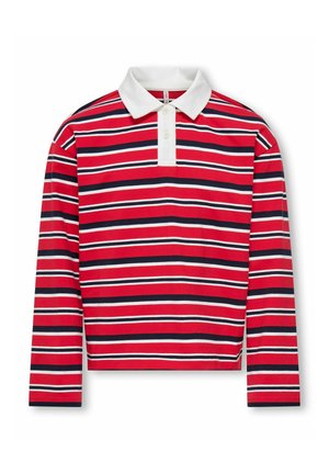 Polo à manches longues rouge avec des rayures horizontales blanches et bleu marine, un col blanc et une patte de boutonnage à trois boutons. Tissu en coton doux.
