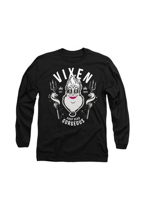 Schwarzes Langarmshirt mit Cartoon-Gesicht, zwei Dreizacken mit Schlangen, Text „VIXEN“, „EST 1989“ und „DROP DEAD GORGEOUS“ auf der Vorderseite.