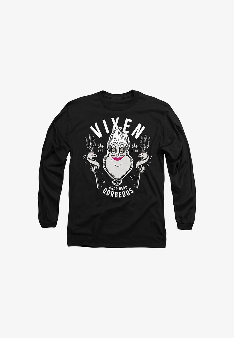 Black long-sleeve shirt with cartoon face, two tridents with snakes, text "VIXEN," "EST 1989," and "DROP DEAD GORGEOUS" on front.