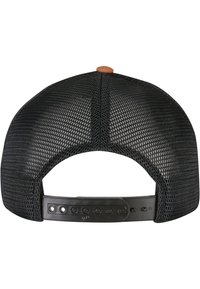 Black mesh snapback hat with a flat brim, adjustable plastic strap, and a brown leather accent on the top button.