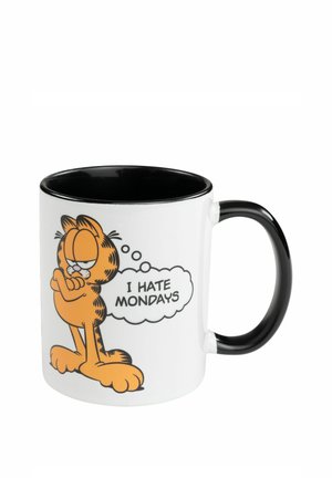 Weißer Becher mit schwarzem Inneren und Griff, mit dem Comic-Charakter Garfield mit verschränkten Armen und einer Sprechblase mit "I HATE MONDAYS".
