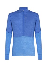 Suéter de manga larga en tonos variados de azul, con un alto cuello y una textura sutil. Incluye un medio cierre en la parte delantera.