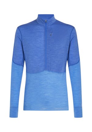Long-sleeve pullover in varying shades of blue, featuring a high collar and subtle texture. Includes a half-zip at the front.