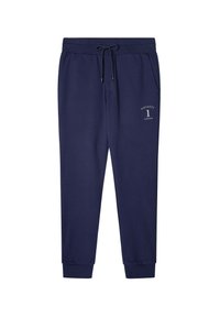 Navy blauwe joggers van een zachte stof met een verstelbare tailleband met trekkoord, zijzakken en geribbelde cuffs. Voorzien van witte logo-opdruk.