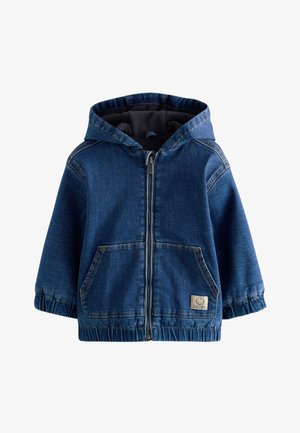Donkerblauwe denim jas voor kinderen met capuchon, ritssluiting aan de voorkant, elastische manchetten, steekzakken aan de voorkant en een klein label op de linkeronderzak.