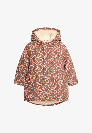 Bruine jas met bloemmotief, voorzien van een capuchon en een zachte voering. Korte, lose pasvorm met kleurrijke bloemen en groene accenten door het geheel.