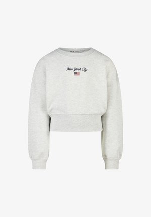 Sudadera gris claro recortada con mangas largas, puños y dobladillo acanalados, con texto "New York City" y una pequeña bandera americana en el frente.