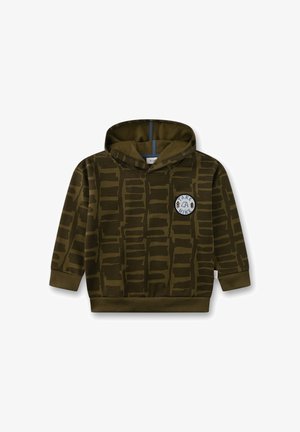 Olivgrüner Kapuzenpullover mit abstraktem, dunkelbraunem Muster und einem "Take a Hike"-Patch mit Bäumen auf der Brust, gerippten Bündchen und Saum.