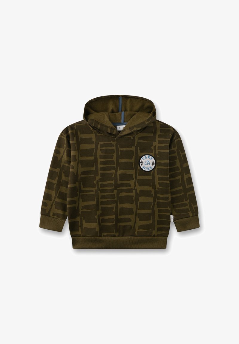 Olivgrüner Kapuzenpullover mit abstraktem, dunkelbraunem Muster und einem "Take a Hike"-Patch mit Bäumen auf der Brust, gerippten Bündchen und Saum.