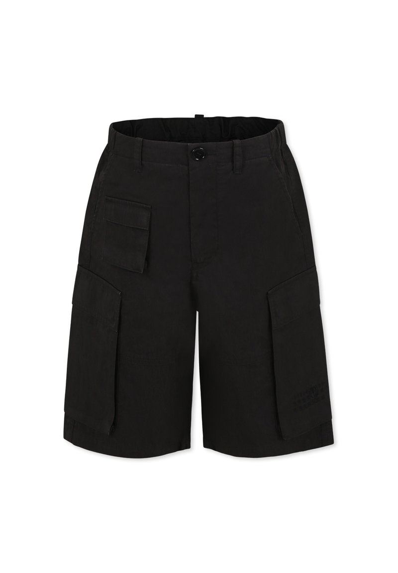 Shorts cargo noirs en tissu durable, dotés de plusieurs poches latérales, d'une fermeture à bouton et d'un design à jambe droite.