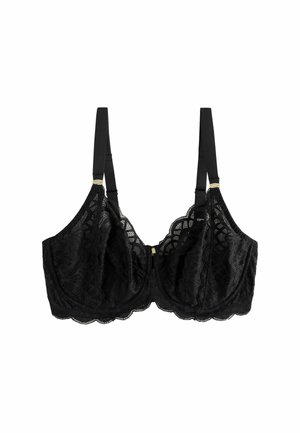 Black lace bra with adjustable straps, underwire support, and scalloped edges on cups and band.