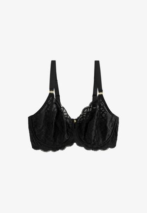 Black lace bra with adjustable straps, underwire support, and scalloped edges on cups and band.