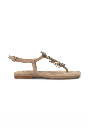 Sandali piatti beige con design a T, impreziositi da perline multicolori e strass, dotati di una soletta testurizzata e di una cinghia alla caviglia regolabile.