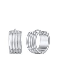 Silberne Creolen mit geripptem Design, mehreren Rillen, polierter Oberfläche und sicherem Scharnierverschluss.