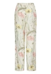 Pantalon léger en tissu avec taille élastique, présentant un motif floral avec des feuilles et fleurs roses, jaunes et vert pâle sur fond crème.