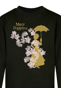Mustvalge dressipluus, millel on kuldne siluett figuurist, kellel on vihmavari, ümbritsetud valgetest lillekujunditest ja tekstiga "Mary Poppins."