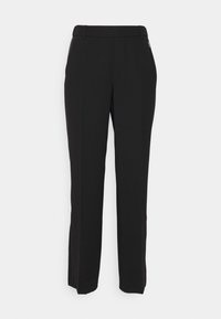 Zwarte broeken met een rechte pasvorm, gemaakt van een soepele stof. Heeft een subtiele tailleband en een minimalistisch ontwerp zonder versieringen.