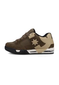 Brown suede sneaker featuring cream accents, perforated sections, black sole, and a prominent star logo on the side. Laces are brown.