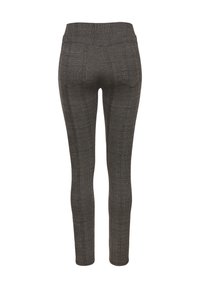 Slim-fit dark gray plaid pants with rear pockets, displayed from the back on a white background.