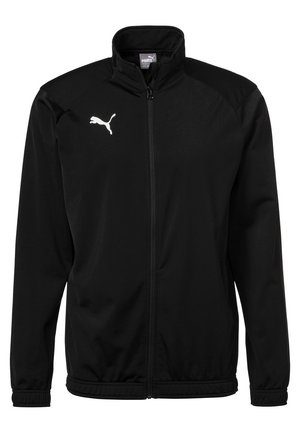 Giacca sportiva nera Puma con zip frontale completa, collo alto, polsini elastici e logo Puma bianco sul petto sinistro.