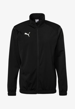 Giacca sportiva nera Puma con zip frontale completa, collo alto, polsini elastici e logo Puma bianco sul petto sinistro.
