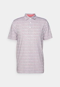 Polo à manches courtes blanc avec un motif flamant rose, doté d'un col classique et d'une encolure intérieure contrastante rose.