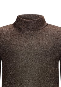 Bronzefarbener Glitzer-Rollkragenpullover aus strukturiertem, schimmerndem Stoff mit enganliegendem Schnitt, hochgeschlossenem Kragen und langen Ärmeln.