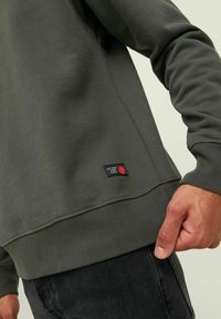 Dark green sweatshirt made of textured fabric, featuring a small red-and-black label at the hem and a relaxed fit with long sleeves.