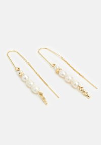 Gold-tone earrings featuring three lustrous pearls and decorative accents, with a long hook design and delicate chain detail.