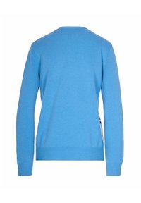 Maglione blu lavorato a maglia con scollatura tonda, maniche lunghe e polsini e orlo a costine. Texture liscia con dettagli delle cuciture sottili.