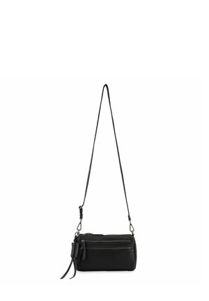 Bolso bandolera rectangular negro con dos bolsillos delanteros con cremallera y una correa ajustable sobre fondo blanco.