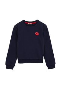 Mornarska trenerka z rebrastim manšetami in robom, ki na prsih nosi rdeči vezen lipov motiv. Izdelana iz mehkega, teksturiranega blaga.