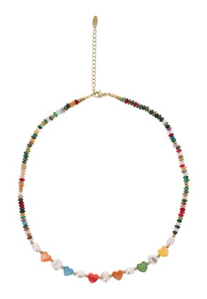 Nyaklánc apró, színes, kerek gyöngyökkel és váltakozó szív alakú gyöngyökkel kék, piros, narancs, zöld, sárga és fehér gyöngyökből, arany kapoccsal.