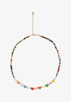 Nyaklánc apró, színes, kerek gyöngyökkel és váltakozó szív alakú gyöngyökkel kék, piros, narancs, zöld, sárga és fehér gyöngyökből, arany kapoccsal.