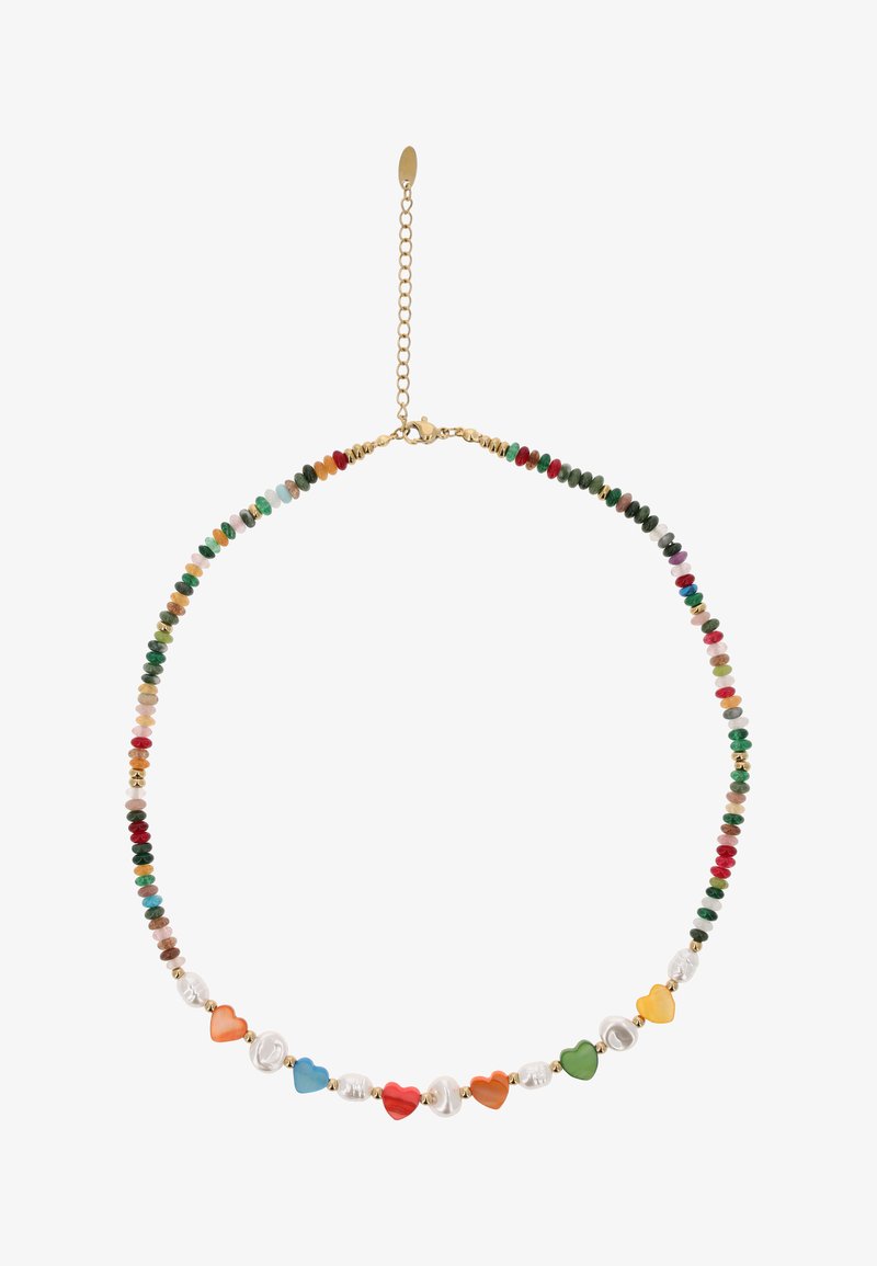 Halskette mit kleinen, mehrfarbigen, runden Perlen und abwechselnd herzförmigen Perlen in Blau, Rot, Orange, Grün, Gelb und Weiß, mit Goldverschluss.