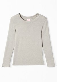 Maglietta a maniche lunghe grigia chiara realizzata in morbido tessuto di cotone misto, con scollo rotondo e un design semplice, senza decorazioni.