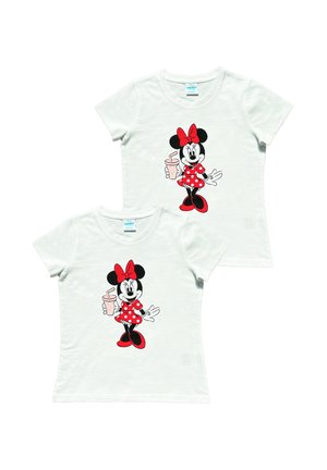 Weiße Baumwoll-T-Shirts mit einer Cartoon-Maus in einem roten Pünktchenkleid, die ein Getränk hält. Weicher Stoff, runder Ausschnitt, kurze Ärmel.