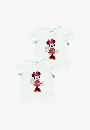 Witte katoenen T-shirts met een cartoonmuis in een rood stippenjurkje, die een drankje vasthoudt. Zachte textuur, ronde halslijn, korte mouwen.
