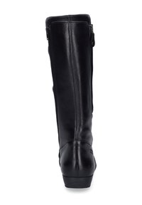 Bota negra de cuero alta con una textura suave, punta redondeada y un detalle de cremallera en el costado. Tacón ligero para añadir altura.