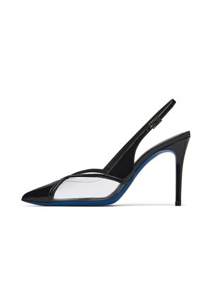 Black patent leather slingback high heel shoe with pointed toe, transparent side panels, and blue sole detailing.
