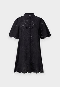 Abito camicia nero a maniche corte con motivo ad occhio ricamato, orlo ondulato e chiusura frontale con bottoni. Tessuto morbido con finitura testurizzata.