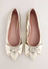 Metaliniai aukso spalvos baleto bateliai su tekstūruotu viršumi, smailiu pirštu ir ryškiu kaspino akcentu priekyje. Minkštas rožinis vidus.